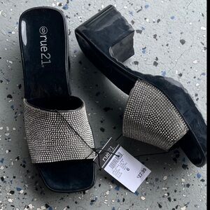 Rue21 Black and Silver Rhinestone Block Heel Sandals
